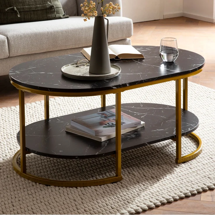 Couchtisch 100x60x45 cm Schwarz mit Marmor Optik, Design Wohnzimmertisch Rech... – Bild 1