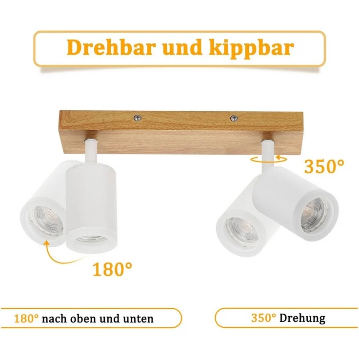 Nettlife Deckenstrahler Schwarz/Weiß GU10 Holz Vintage Deckenspots Küchenlampe, Schwenkbar, LED wechselbar, 350°Drehbar Flur Strahler Industrial für Wohnzimmer Schlafzimmer Küche – Bild 2
