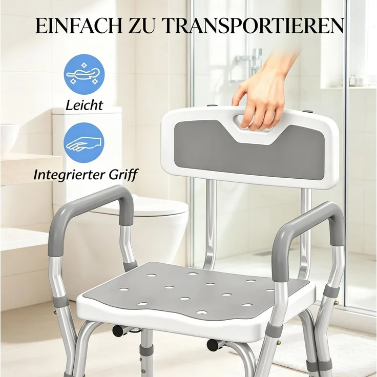 DESVIAE Sessel Duschstuhl Grau aus Aluminium/HDPE – 56,5x74–87x53,5 cm – höhenverstellbar, Rückenlehne – Bild 4