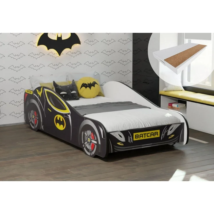 Kids Collective Autobett 70x140, 80x160 cm Kinderbett Jugendbett mit Rausfallschutz (Spielbett Batman Batmobil Bat Car Auto), Bett in schwarz Kinderbett 70x140 cm mit Matratze – Bild 1