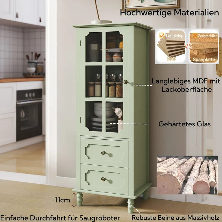 Mintgrüner Vitrinenschrank mit Glastür und 2 Schubladen, Vintage Hochschrank aus MDF mit Massivholzbeinen, Saugroboter-tauglicher Aufbewahrungsschrank für Wohnzimmer, Esszimmer, Flur--Grün--50x40x133cm--YOUDENOVA – Bild 10