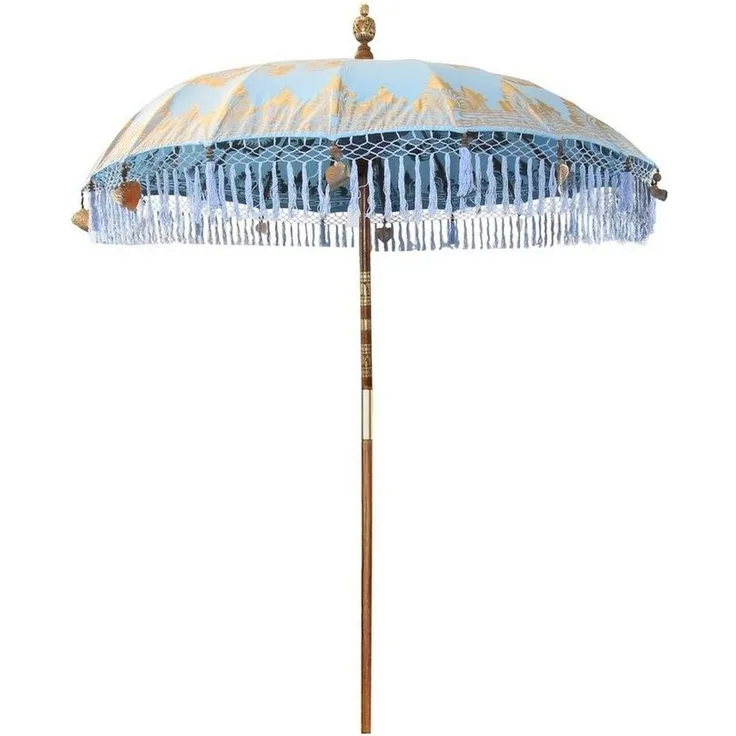 Oriental Galerie Sonnenschirm Bali-Sonnenschirm Blau Gold Bemalung 180 cm Fransen Sophie