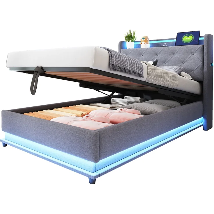 Merax Kinderbett Polsterbett 90*200cm, Mit farbwechselnden Lichtern und USB-Steckdose, Kopfteil aufklappbar, Mit Hydraulischem Stauraum, Mit Handytasche, Multifunktionales Einzelbett, Leinenstoff Grau – Bild 10