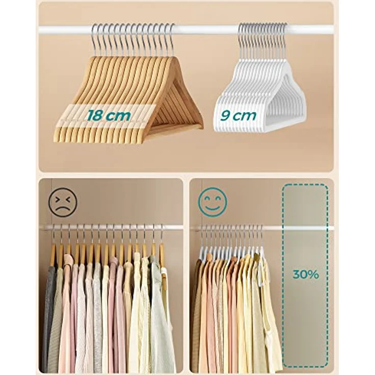 SONGMICS Kleiderbügel Samt, 30er Set, Bügel, Jackenbügel, 41,5 cm breit, Anzugbügel, dünn, gut belastbar, um 360° drehbarer Haken, für Mäntel, Hemden und Anzüge, weiß CRF026W02 – Bild 6