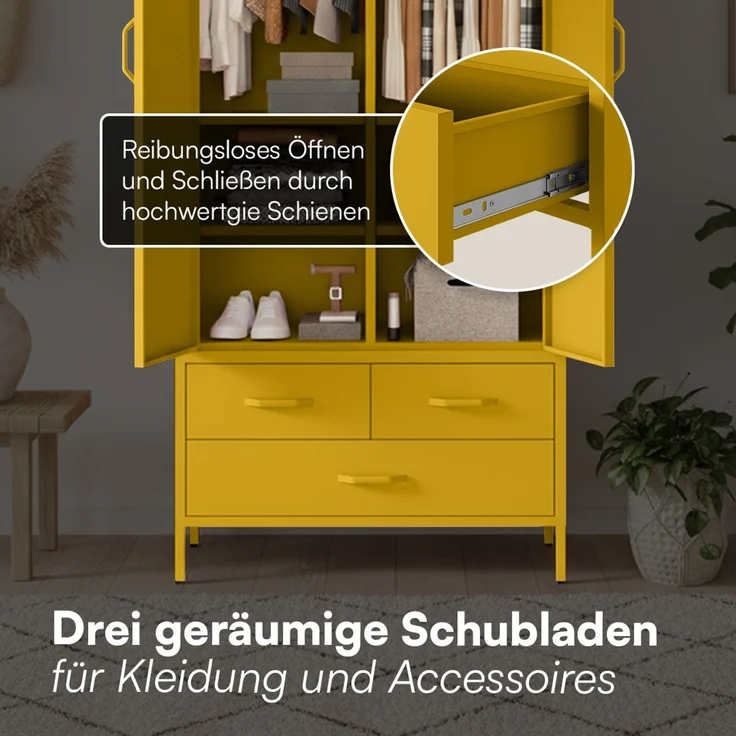 skølm 'Atria' Kleiderschrank mit 3 Schubladen, Metall, 170x45x80 cm, senfgelb, Garderobe mit 4 Fächern und 2 Kleiderstangen – Bild 5