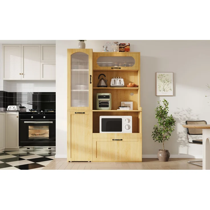 EINHOM Highboard mit verstellbaren Regalböden und Schubladen, Küchenschrank mit ausziehbaren Regalböden und Riffelglas, Ideal für Esszimmer, Wohnzimmer und Küche (Natur) – Bild 4