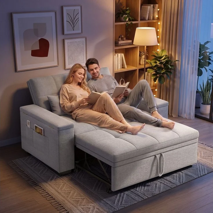 Blishom Schlafsofa 2-Sitzer-Sofabett mit verstellbarer Rückenlehne, Ausziehbares mit Kissen und Seitentasche Armlehne mit Staufach – Bild 4