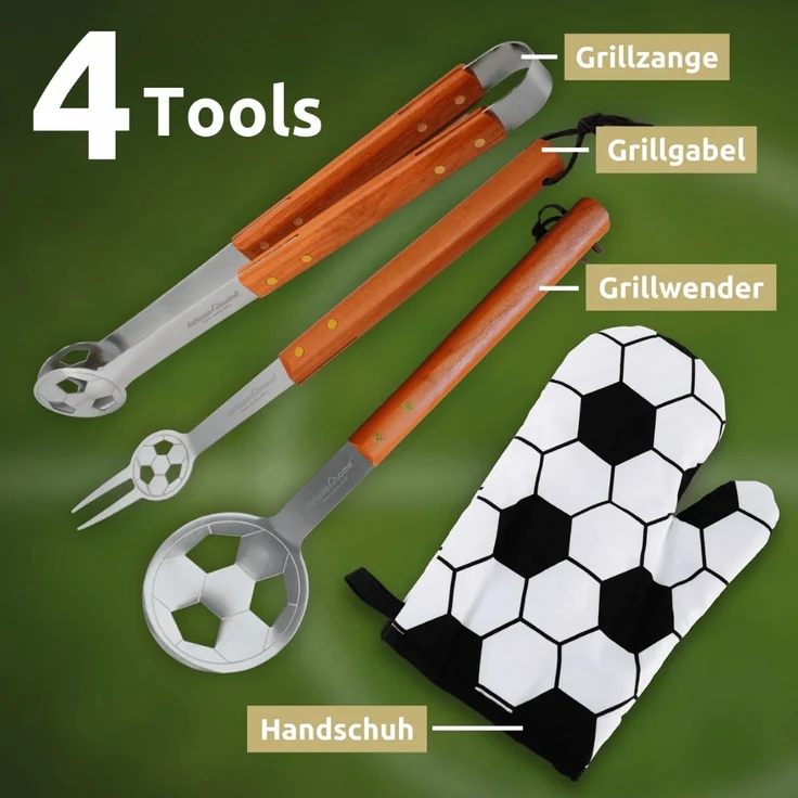 Grillbesteck Set SOCCA Grillgabel, Grillzange, Grillwender, Grillhandschuh | Grillset für Männer Geschenk Grillzubehör Grilluntensilien – Bild 4
