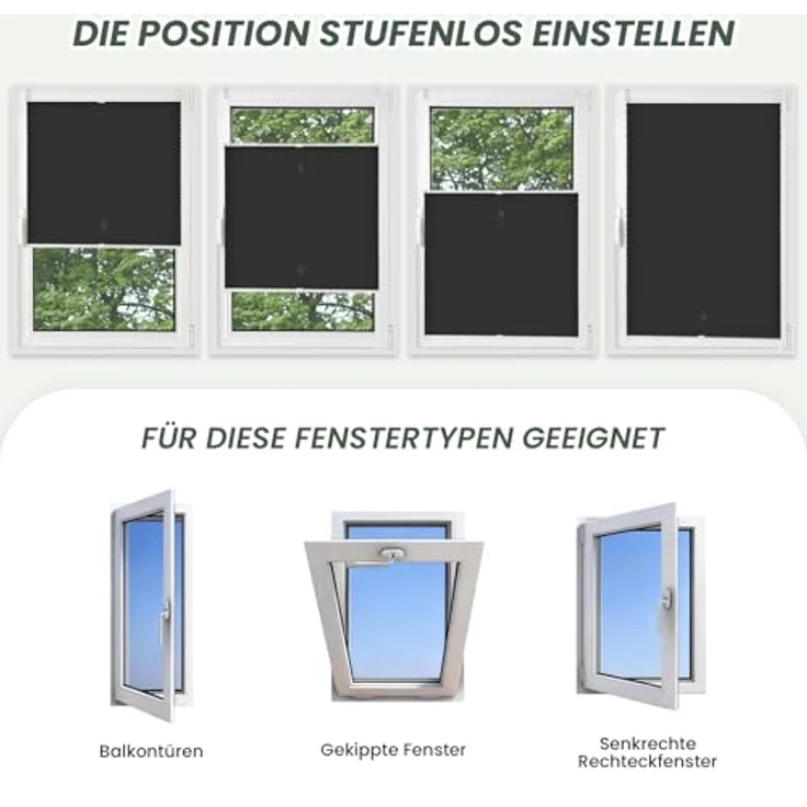 Buseu Plissee Klemmfix, 95x130cm (BxH), Schwarz, Lichtdurchlässig, ohne Bohren, einfach zu montieren, ideal für Fenster & Tür – Bild 5