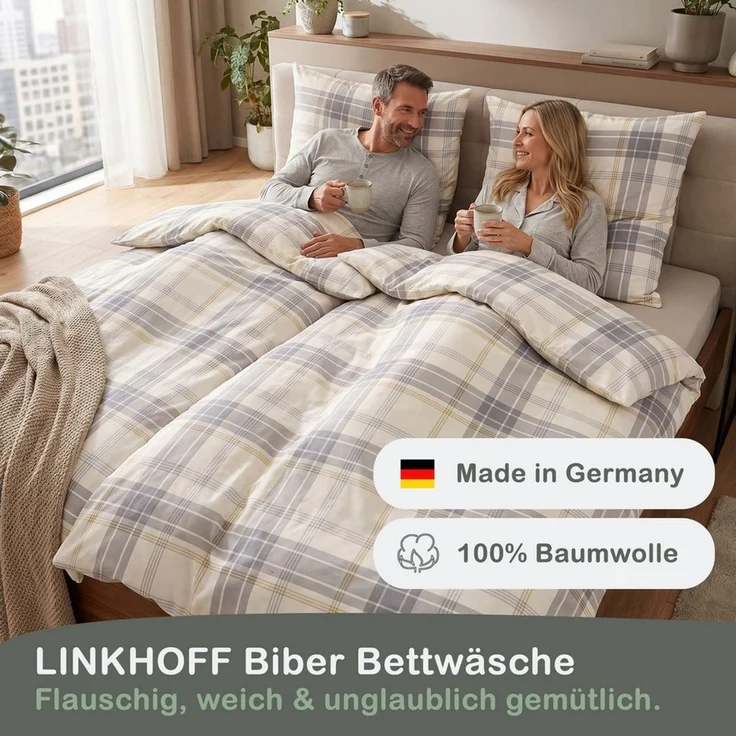 LINKHOFF Bettwäsche Biber Bettwäsche 135x200 cm Kariert Creme Grau 100% Baumwolle, Reißverschluss, Flauschig und Kuschelige Biberbettwäsche – Bild 3