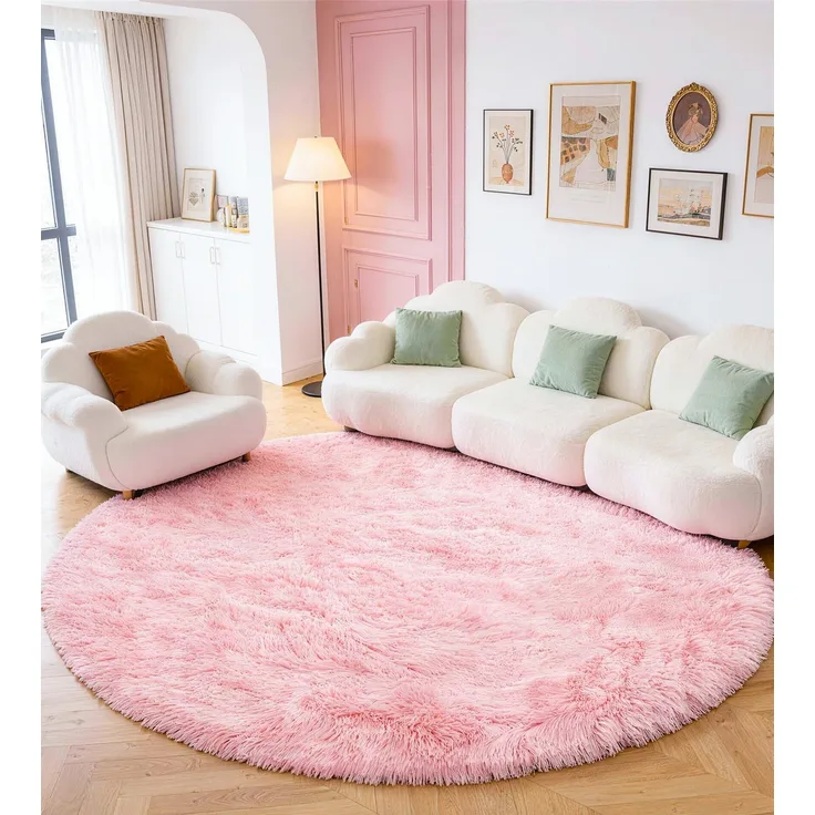 ROHATIM Teppich Schlafzimmer Rund 150 cm Rosa Waschbar Rutschfester Runder Hochflorteppich Wohnzimmer Kinderzimmer Mädchen Flauschig
