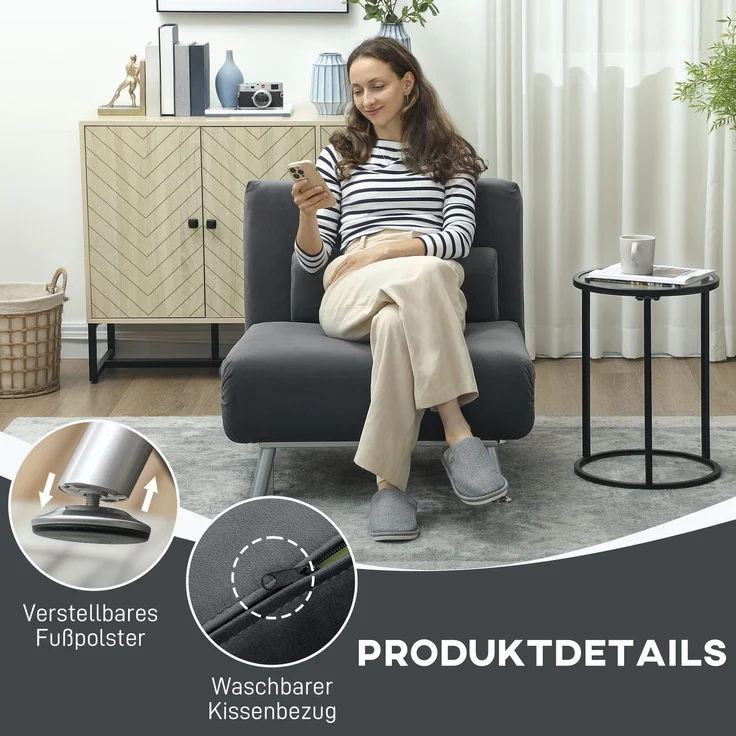 Klappsessel mit Bettfunktion, Klappbarer Relaxsessel in Samtoptik, verstellbare Rückenlehne, 75 x 70 x 75 cm, Dunkelgrau--Dunkelgrau--75x70x75cm--YOUDENOVA – Bild 9