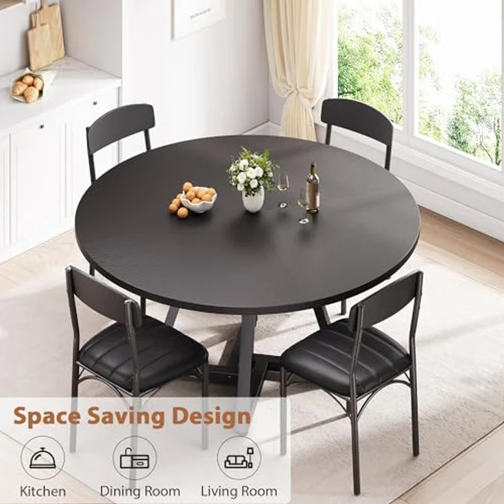 Esstisch Runder und 4 Esszimmerstühle Set, Essgruppe 5-Teilig, Küchentisch mit stabilem Metallgestell und 4 stühle, platzsparender Esszimmertisch aus Holz im Industrial Design (Schwarz, 107cm) – Bild 6