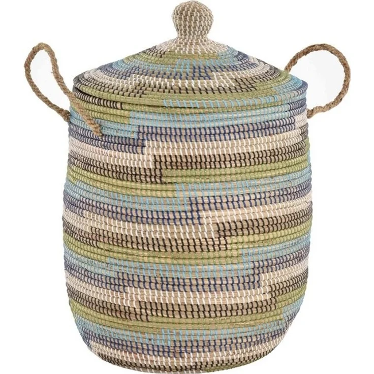 Krines Home Wäschekorb Wäschekorb Wäschesammler mit Deckel Dekokorb Aufbewahrungs-Box, Allzweck-Korb Natur Seegras mit bunten Wicklungen – Bild 4