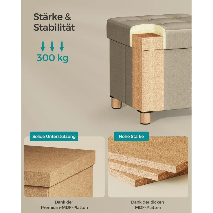 Songmics Sitzhocker mit Stauraum, kleine klappbare Sitzbank, 38x38 cm Fußbank, Aufbewahrungsbox, bis 300 kg belastbar, für Wohnzimmer Schlafzimmer Schlafsaal, Kamelbraun – Bild 4