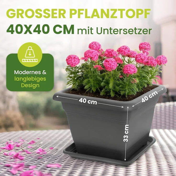 Centi Pflanzkübel Blumentopf Gross, Pflanzentopf Groß Außen, Blumentopf mit Löcher (Spar Set, 8 St, 40x40 cm), inkl. Untersetzer, Pflanzkübel Kunststoff, Blumenkübel Antrazith – Bild 3
