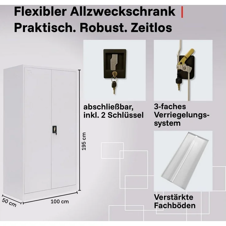 LagerZwei Aktenschrank Stahlschrank 195 x 100 x 50 cm (Packung, 2-St, 2er-Set) 3-fach verriegelt, 4 Böden, bis 60 Ordner, Flügeltüren 130° – Bild 3