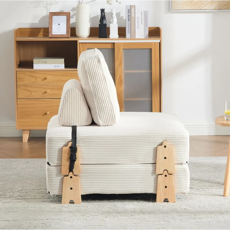 Schlafsessel aus Cord, klappbar mit Holzgestell, 90x86x84 cm, Beige – Bild 2