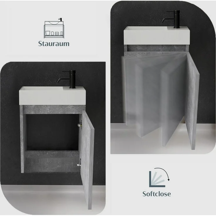 Alpenberger Badmöbel-Set Gäste WC Waschbecken mit Unterschrank - Badschrank Hängend, (Waschbeckenunterschrank mit Softclose, 2-tlg. Waschtisch Set Cement), Waschplätze für Kleine Bäder - Badschrank Hängend + Vormontiert – Bild 3