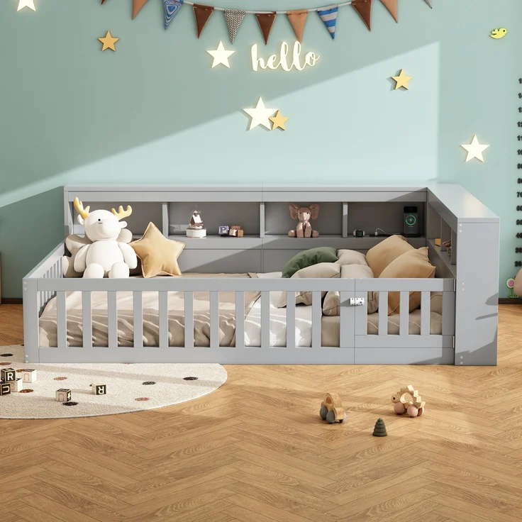Bett mit Liegefläche 140x190 cm, integrierten Steckdosen und USB-Anschlüssen, Staufach und Geländer, Grau, ohne Matratze – Bild 2