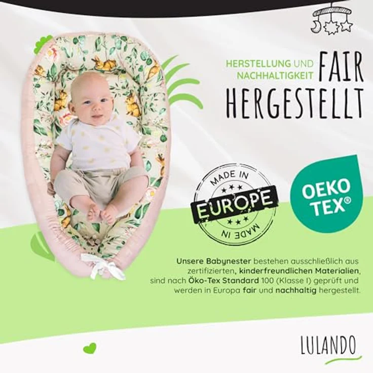 LULANDO Babynest, multifunktionales Kuschelnest für Babys und Säuglinge, Standard 100 von Oeko-Tex, Nestchen, Reisebett, 100% Baumwolle, antiallergisch, hergestellt in der EU – Bild 6
