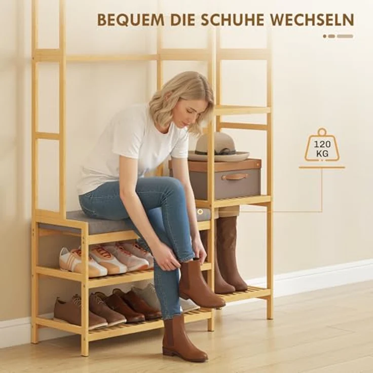 HOMCOM Garderobenständer mit Schuhregal, Kleiderhaken, Mantelständer, Sitzbank mit Kissen, (Kleiderständer, 1 St, Standgarderobe), für Wohnzimmer, Schlafzimmer, Naturholz – Bild 6