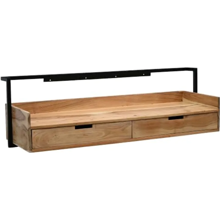 FINEBUY Wandschreibtisch FB117748, 120cm Schwebend aus massiver Akazie, braun, mit 2 Schubladen und robustem Metallrahmen