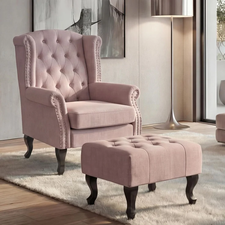 Sessel Chesterfield, Relaxsessel Clubsessel Ohrensessel, wasserabweisend Stoff/Textil ~ hellrosa mit Ottomane – Bild 1