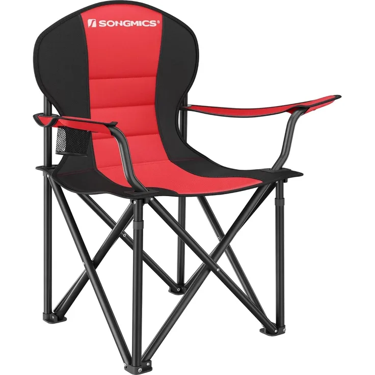 SONGMICS Campingstuhl, klappbar, Klappstuhl, bequemer mit Schaumstoff gepolsterter Sitz, mit Flaschenhalter, hoch belastbar, max. Belastbarkeit 250 kg, Outdoor Stuhl, rot GCB06BK