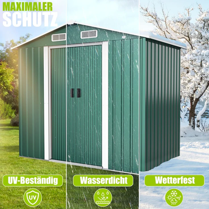 KESSER® XL Metall Gerätehaus 4,2m³ mit Fundament | inkl. Arbeitshandschuhe | 195 x 131 x 186 | 2x Schiebetür & Fundament | Geräteschuppen | Gartenhaus Schrank | Satteldachdach Garten Schuppen Grün – Bild 6