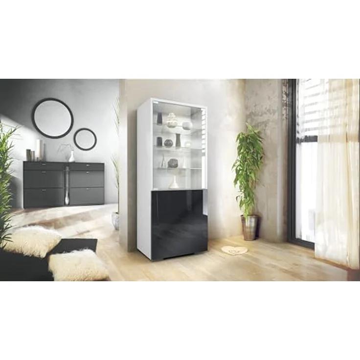 Vladon Standvitrine Granada (Vitrinenschrank, mit Glastür und Glaseinsatz) Weiß matt/Schwarz Hochglanz (50 x 122,5 x 34,5 cm) – Bild 3