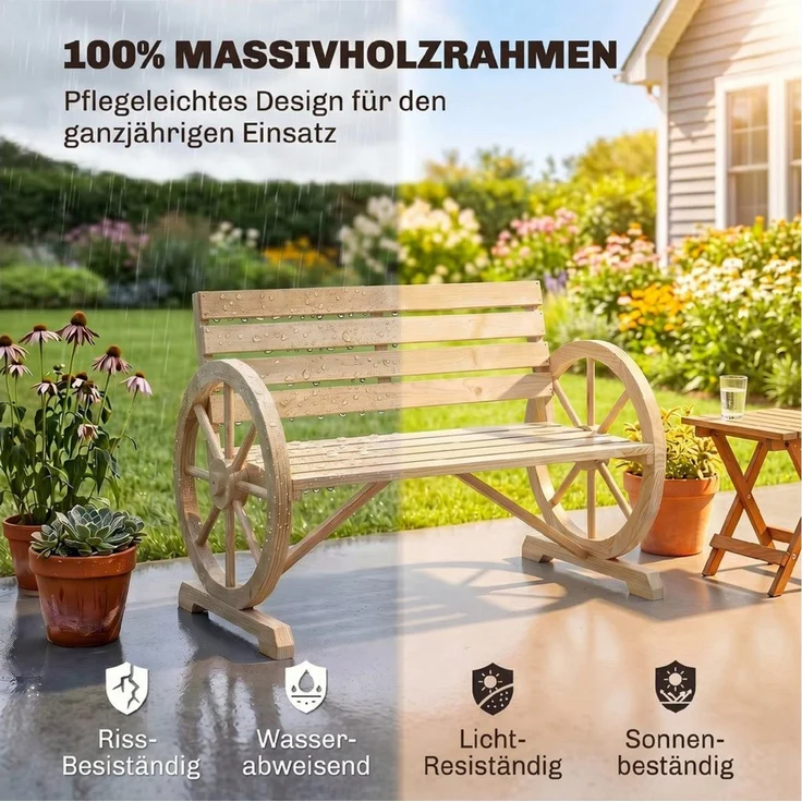 Outsunny Gartenbank 2-Sitzer Sitzbank Holzbank Wagenrad mit Armlehne Landhausstil Tannenholz Naturholz 105,5 x 56 x 79 cm – Bild 4