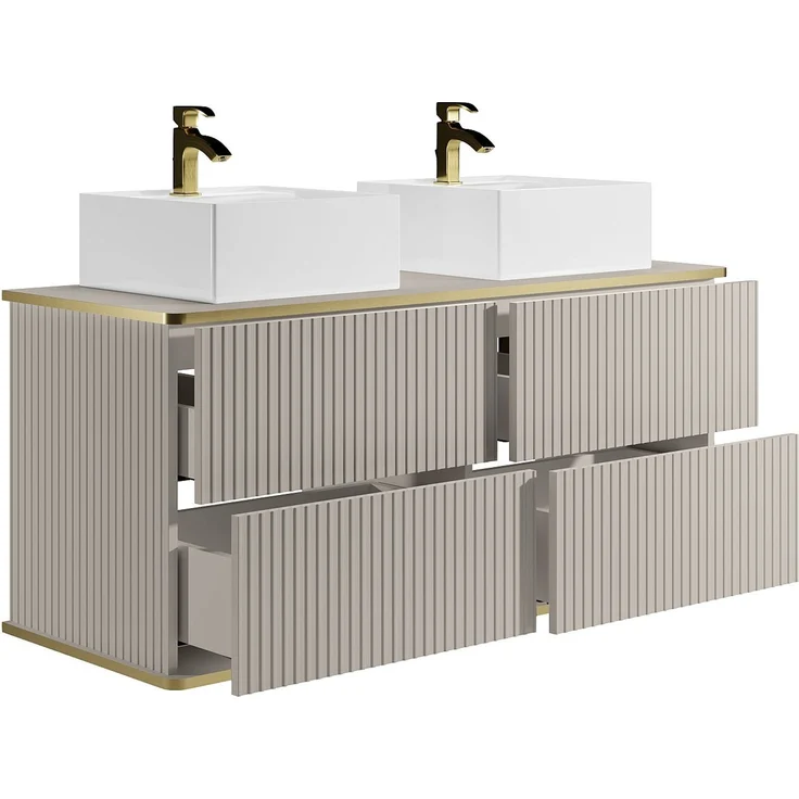 Vente-unique - Waschbeckenunterschrank hängend, gerillt mit goldenem Zierstreifen und doppeltem quadratischen Aufsatzwaschbecken – Beige – 120 cm – KELIZA – Bild 6