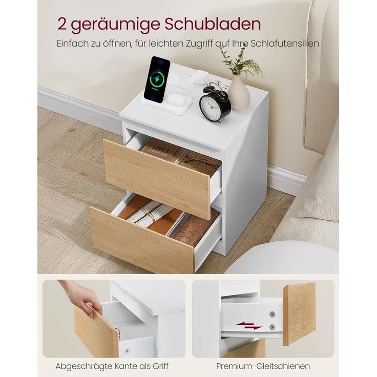 VASAGLE Nachttisch mit Steckdosenleiste, 2er Set, Beistelltisch, 2 Schubladen, 2 AC-Steckdosen, 2 USB-A-Anschlüsse, Wohnzimmer Schlafzimmer, modern, mandelgelb LET821Y02 – Bild 4