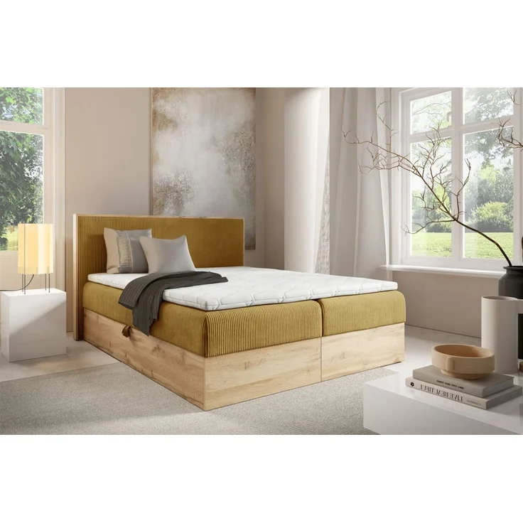 Boxspringbett Schlafzimmerbett ROLAND 120x200cm in Stoff Lincoln Honiggelb – Bild 1