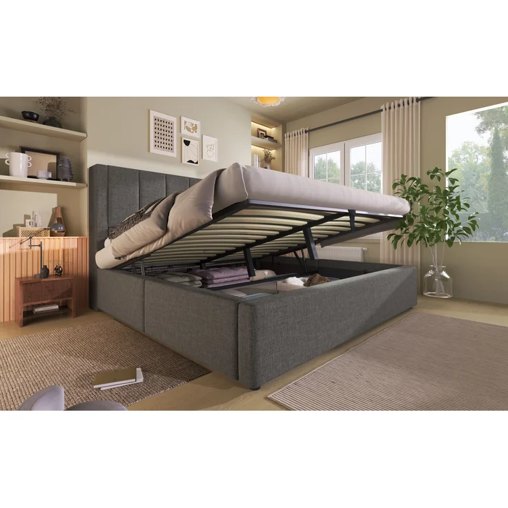 Doppelbett mit praktischer Klapp-Funktion, Leinen, 140x190 cm, Grau, ohne Matratze – Bild 3