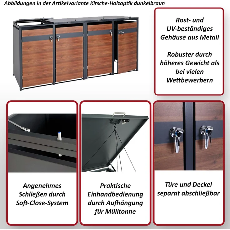 XL 4er/8er-Mülltonnenverkleidung HWC-J82, Mülltonnenbox, Metall 118kg, anthrazit ~ Kirsche-Holzoptik dunkelbraun – Bild 2