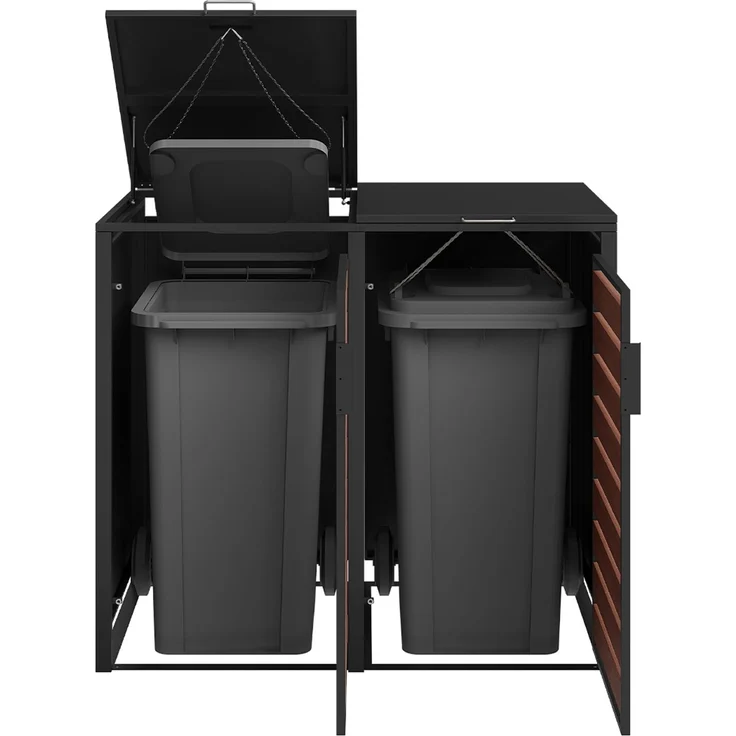 STEELSØN 'Kestra' Mülltonnenbox 2er je 240 Liter, graphitschwarz mit Nußbaum-Holzoptik, Mülltonnenverkleidung aus Stahl, wetterfest, 116x80x134 cm, Müllbox für 2 Tonnen – Bild 10