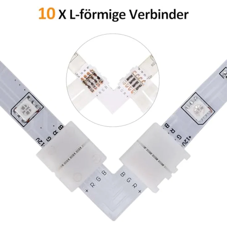 REDTRON LED Strip Verbinder, 10mm 4-Pin RGB 5050 Verlängerungs- und Eckverbinder mit Befestigungsclips, flexibel und ohne Löten – Bild 2