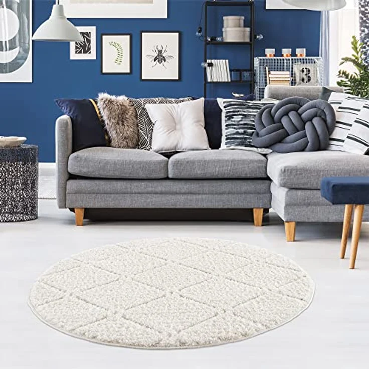 Teppich Rund - Hochflor - Boho - Cream - 160x160cm - Einfarbig - Modern Raute Meliert Muster - Skandinavisch Flauschig Weich - Wohnteppich Schlafzimmer Dekoration – Bild 7