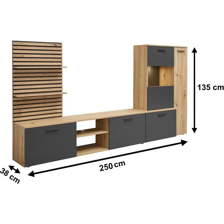 moebel-dich-auf Wohnwand ANCONA, (Artisan Eiche Nb. / anthrazit, Wandboard in Lamellenoptik + Lowboard + Vitrine), inkl. LED-Beleuchtung – Bild 8