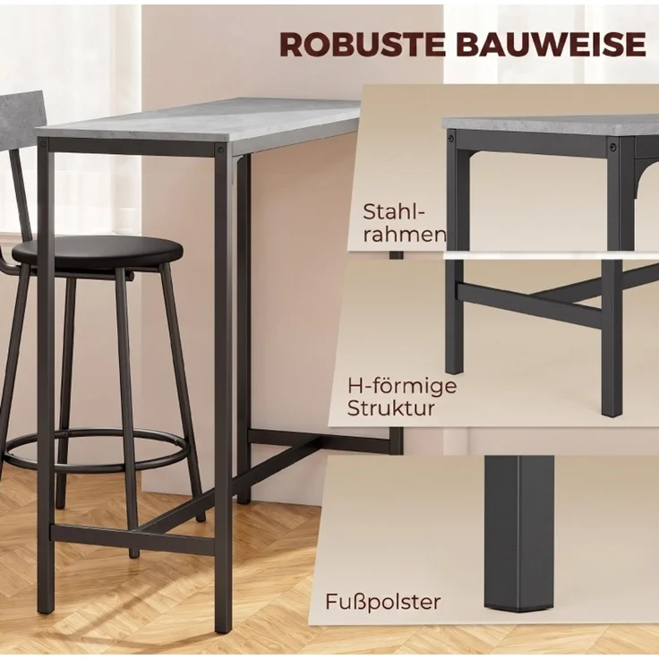 Bartisch-Set 100 x 40 x 90,5 cm mit 2 gepolsterten Barhockern und Fußstützen – Grau – Bild 7
