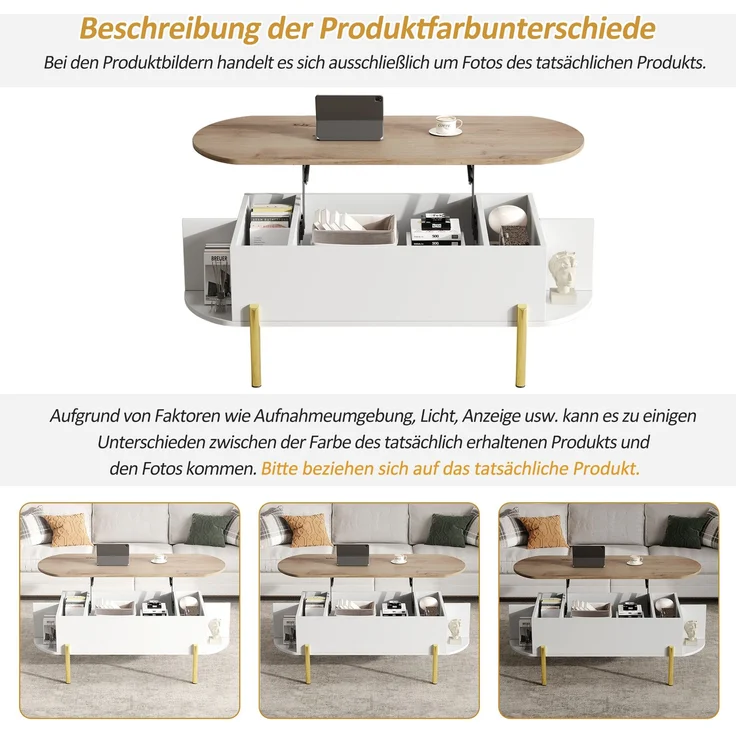 Lift-Couchtisch 120 x 50 x 43 cm, anhebbarer Wohnzimmertisch mit verstecktem Stauraum, 3 Ablagefächer, halboffene Regale – Bild 8