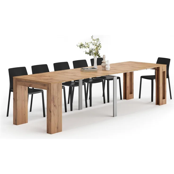 MOBILI FIVER, Ausziehbarer Konsolentisch mit Verlängerungen, Easy, rustikale Eiche, Laminiert/Aluminium, Made in Italy