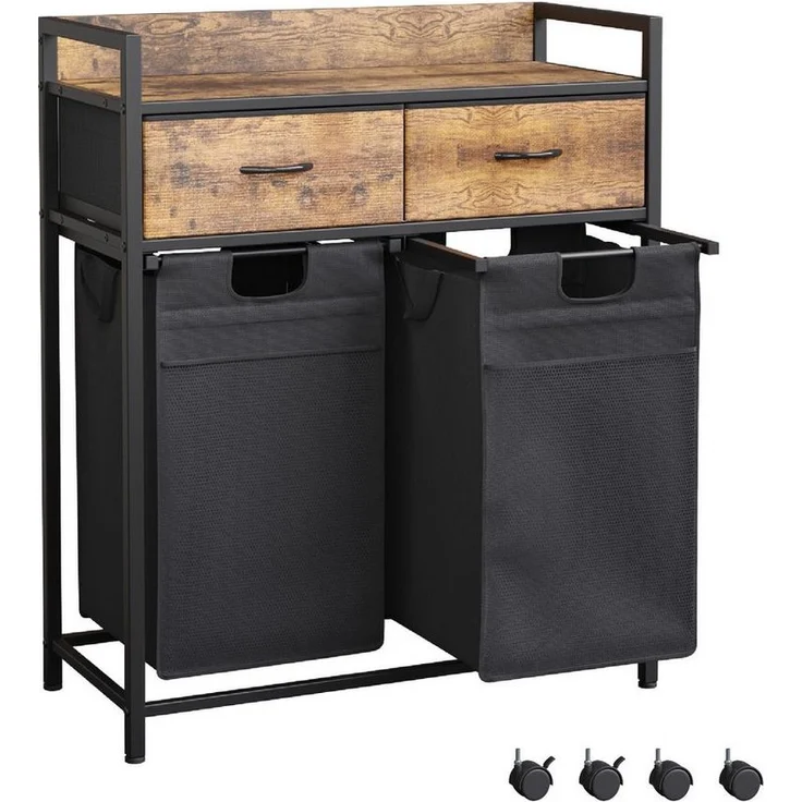 Mondeer Wäschekorb Metallgestell Wäschesammler (2 St, 2 x 50 L), mit 2 abgetrennten Säcken & 2 Schubladen, mit Rollen & Netztaschen – Bild 5