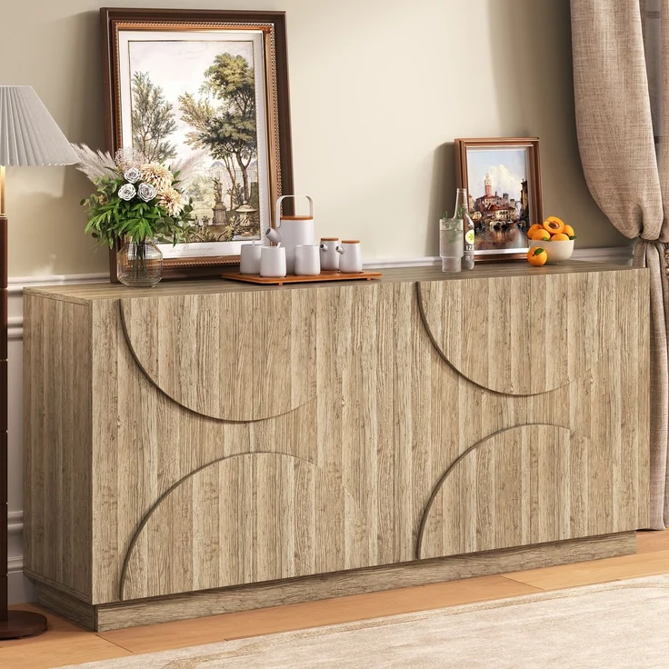 Merax Sideboard Kommode mit Regalen, Sideboard mit Rebounder, natürliche Holzmaserung – Bild 1
