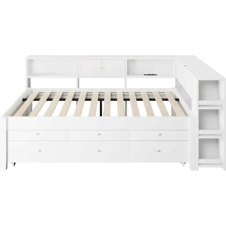 Stauraumbett 140x200 cm mit 3 Schubladen, ausziehbarem Gästebett und USB-Anschluss – Weiß (ohne Matratze) – Bild 10