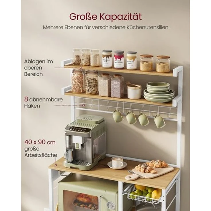 Vasagle Küchenregal, Standregal mit Steckdosen, Mikrowellen-Regal, kaffeebar, Bäckerregal, 8 S-Haken, mit Korb, Gewürzregal, goldeichenfarben-wolkenweiß KKS031Y19 – Bild 4