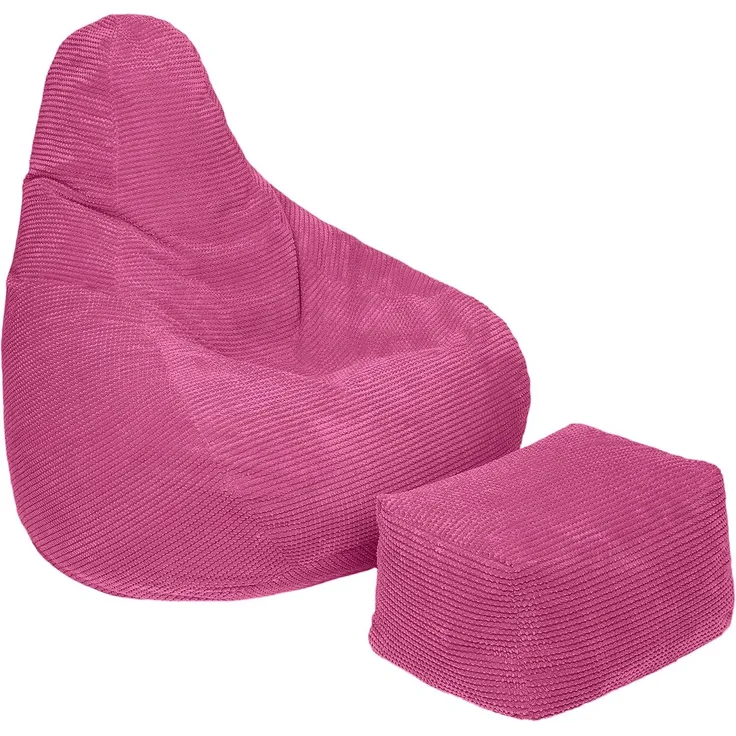 Loft 25 Sitzsack mit Rückenlehne für Erwachsene | Cordstoff, Innenfutter | Ergonomisches Design zur Unterstützung der Körperhaltung (Rosa, Sitzsack + Fußhocker)