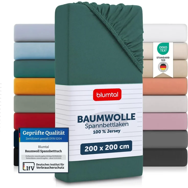 Blumtal® Baumwolle Spannbettlaken 200x200 cm Basics Jersey - Bettbezug 200x200 cm - Oeko-TEX zertifiziertes Spannbetttuch 200x200 cm - Matratzenbezug 200x200 cm - Bettbezug - Leintuch - Silver Pine – Bild 1